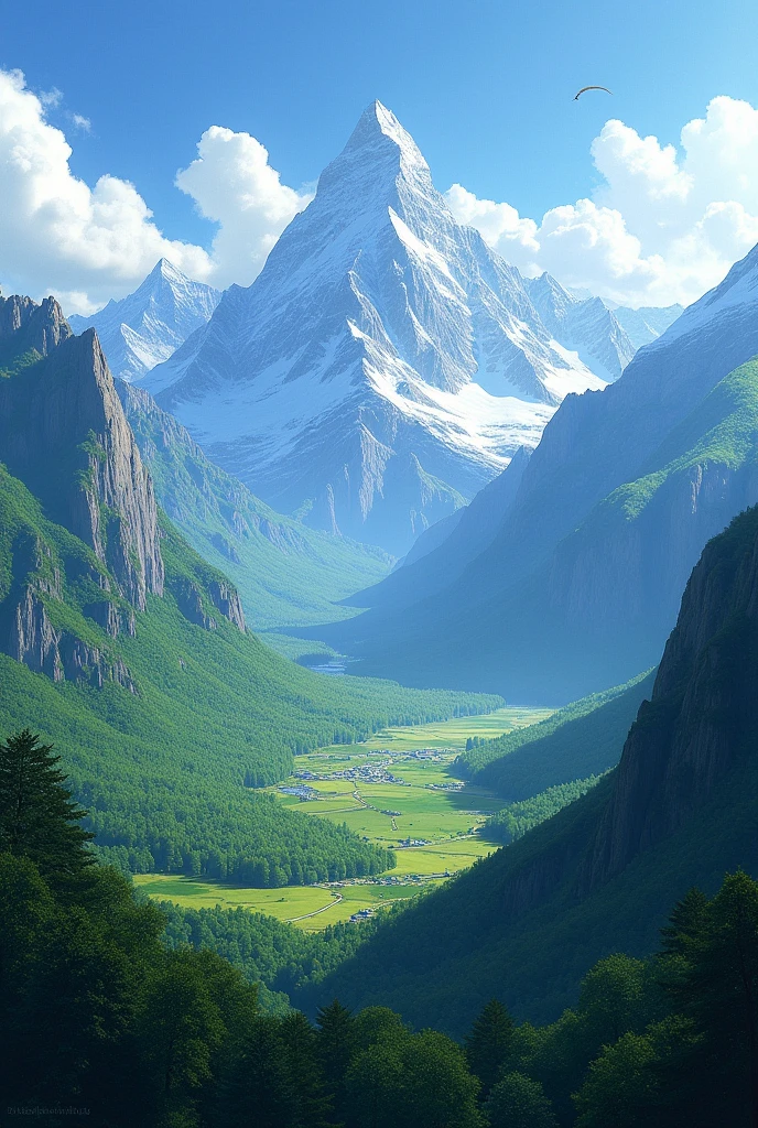 Wide angle landscape realistic green mountain