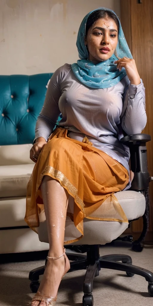 Day scene, full body photo of a plus sized 45 year old indian with a man from top view, (Masterpiece, Best Quality, High Resolution), office Background, (cum Splash on her breasts and nipples, cum Splash on her face, Splash of cum, cum Splash on her blouse, cum Splash on her eys), Sweet 25 year old South indian women sitting on her knees in a crowded party hall with a man, hour glass body red lips, silver colour silky gown, lightly makeup,ultra realistic, realistic, look at viewer (cinematic:1.3), intricate details,