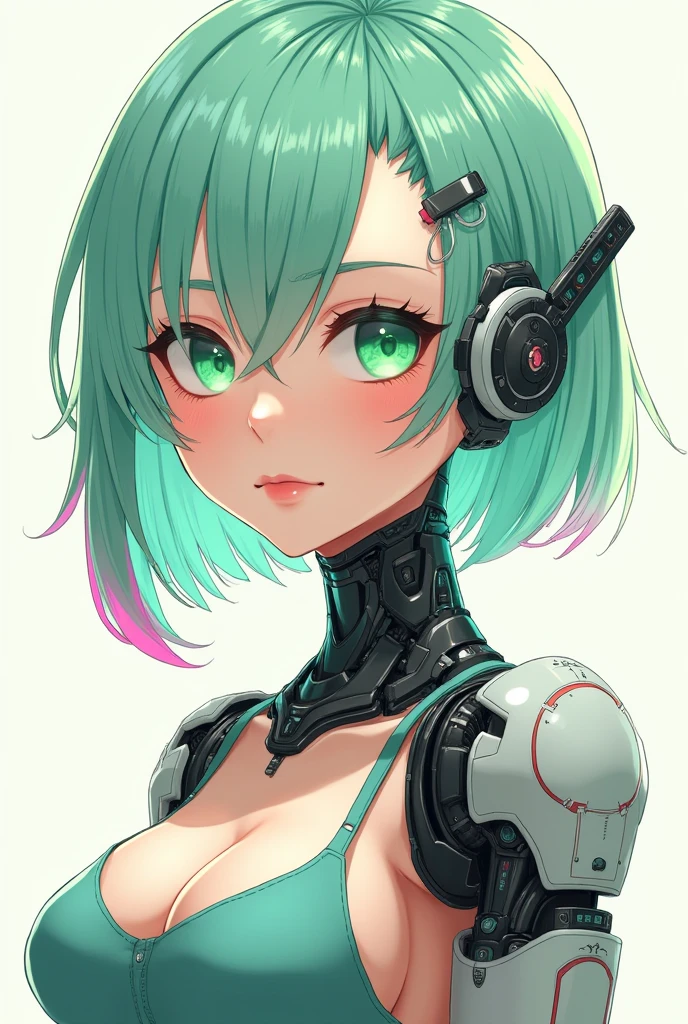 Girl 27 years old, Modern Anime Style, Character Desing,, High Definition, Ultra Details,, Little, Cute, Young, Fantasy Modern World, swimsuit and jeans, Full Body, cyborg, circuits in the body, green eyes, robots hands, robot arms, half human, half artificial intelligence, robotic details on the face, robotic details on the body, face with great details of electronic circuits, Sleek, futuristic design elements on the shoulders and arms, Create a detailed anime-style portrait of a cyborg, focusing exclusively on the face. His eyes should be bright green, wide and expressive, set beneath elegant, angular eyebrows. The nose should be small and well defined, with a straight profile. His lips should have a full, soft appearance, with a hint of a smile. His face shape should be oval with a delicate chin, embodying both strength and femininity. Her hair should be a mix of turquoise and light green that reaches shoulder length cut in a sharp, asymmetrical bob that frames her face with one side hidden behind her ear and also has a single pink streak on her left side. cream. His overall appearance should be futuristic but human, with emphasis on his bright eyes and his unique hair color. He has a cybernetic neck with visible circuits; However, his face does not show cybernetic details. (no short hair) (no cybernetic details or circuitry on his face) (the creamy pink streak is only on one side; not on both sides)