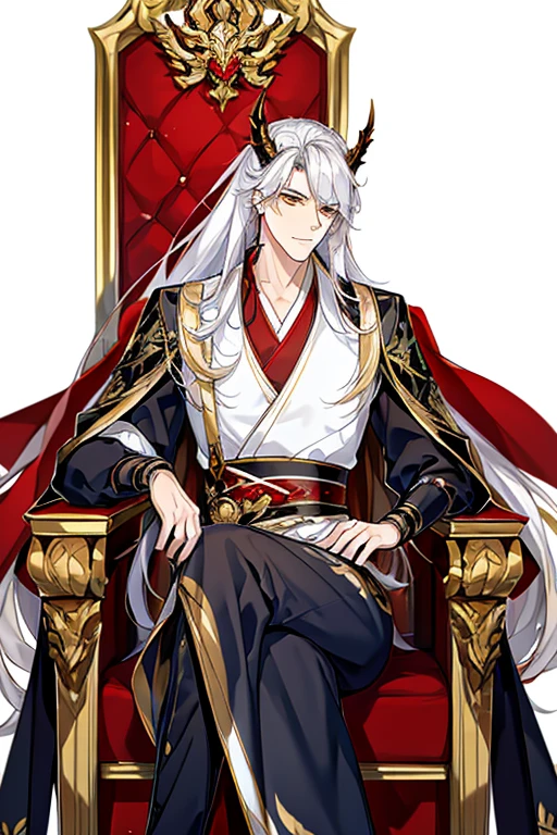 Perfect details, special details, top quality, handsome, dominant, bad boy, solo, looking straight, 1 male, long hair, white hair, yellow eyes, broad shoulders, black shirt, Hanfu with red dragon patterns and gold edges highlighting the aura of a leader, golden horns, sitting on a throne made of gold, symbolizing the ruler above all, best quality, 16k, masterpiece, detailed face drawing, with two arms and two legs, manhua character.