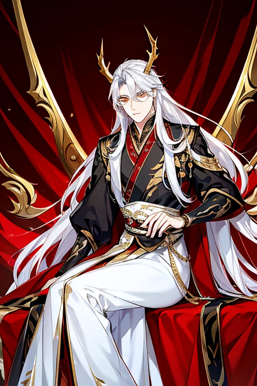 Perfect details, special details, top quality, handsome, dominant, bad boy, solo, looking straight, 1 male, long hair, white hair, yellow eyes, broad shoulders, black shirt, Hanfu with red dragon patterns and gold edges highlighting the aura of a leader, golden horns, sitting on a throne made of gold, symbolizing the ruler above all, best quality, 16k, masterpiece, detailed face drawing, with two arms and two legs, manhua character.