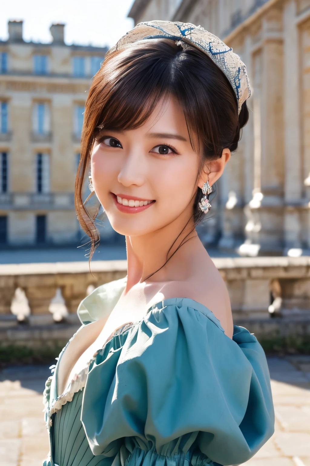 One Girl, (Becoming Marie Antoinette:1.2), (Beautiful Japanese idol portrait photos), 
(RAW Photos, Highest quality), (Realistic, Realistic:1.4), masterpiece, 8K Portrait, 
Very delicate and beautiful, Very detailed, 2k wallpaper, wonderful, In detail, Very detailed CG unity 8k wallpaper, Very detailedな, High resolution, Soft Light, 
Beautiful detailed girl, Very detailed eyes and face, Beautiful and sophisticated nose, Beautiful details, 
(Commemorative photo with the Palace of Versailles in the background:1.3), Cinema Lighting, 
Perfect Anatomy, Slender body, Small breasts, Medium Hair, Dynamic Angle, A light smile,