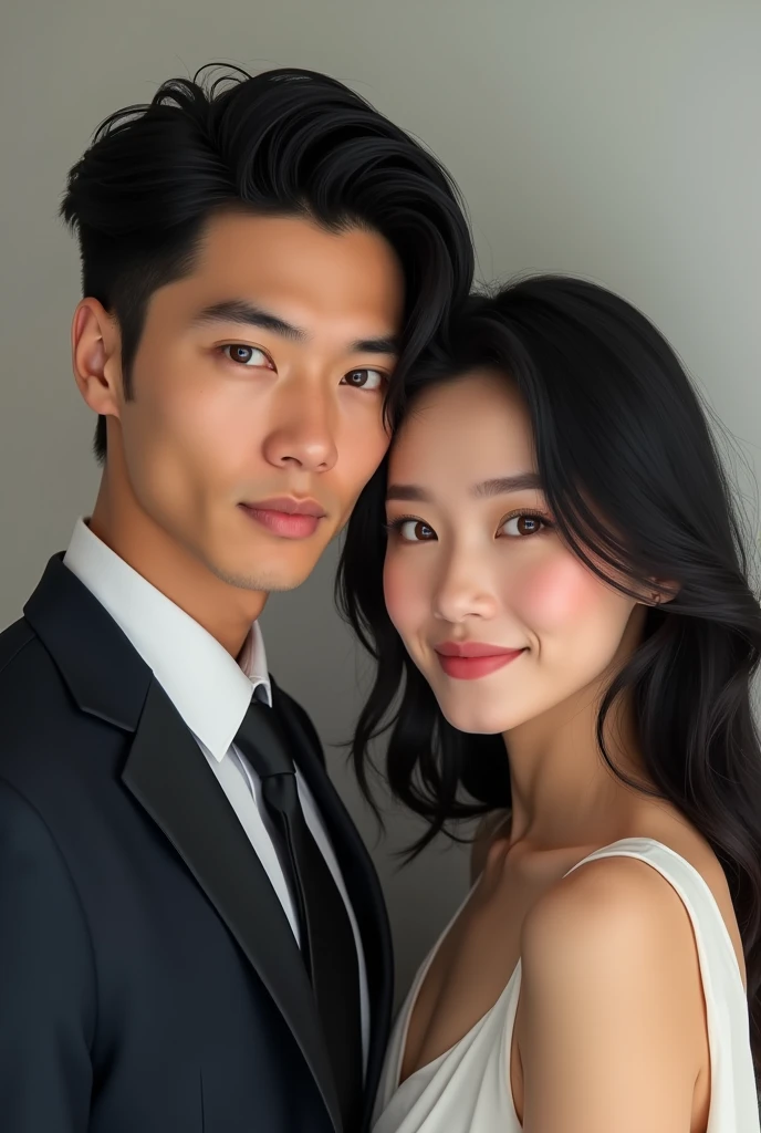 A handsome american man in his late twenties with blue eyes and sharp jawline, perfect pointy nose, black hair, broad shoulders, wear suit. And beside him stands a beautiful young chinese lady, who has brown eyes and black hair, she has a beautiful smile that is like a sunshine.