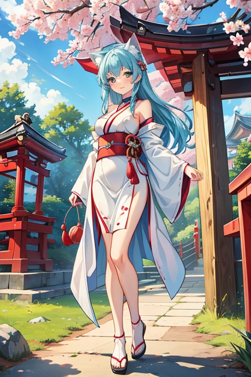 (masterpiece,best quality,ultra-detailed), an anime lady who is at 23 years old, gentle and kind, young yet mature, beautiful, caring, dearing, loving, forgiving, protective, motherly onee-chan. She has ice white side-swiped bangs, ocean blue tareme, arctic fox ears and tail, tall and mature curves wearing sexy off shoulder shrine maiden outfit, standing in front of a japanese shrine, smiling at viewer