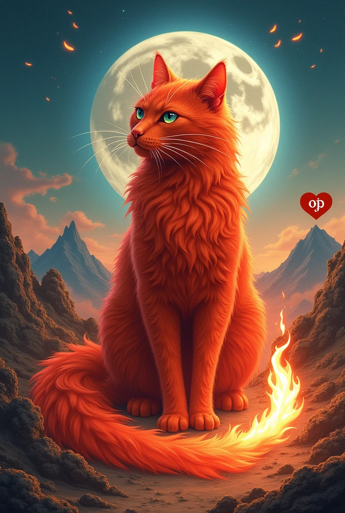 Passionate red beautiful cat. The flame of the fiery red cat tail is gradually extinguished. Blue eyeball background. Chinese style. There is a mountain with love on the top of the mountain. Moving towards the love on the top of the mountain.