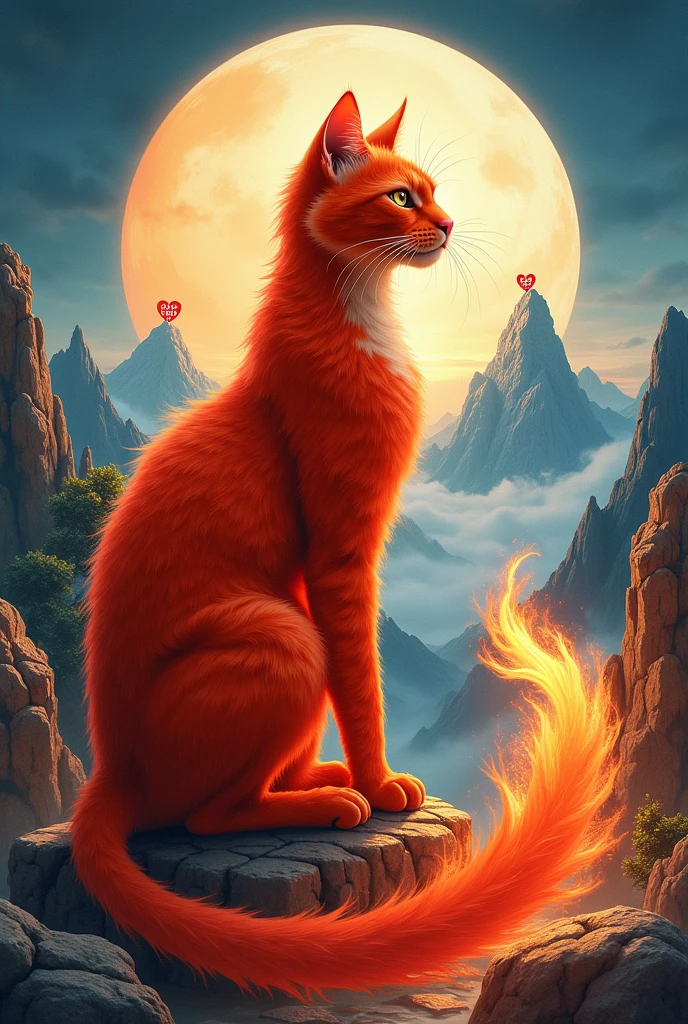 Passionate red beautiful cat. The flame of the fiery red cat tail is gradually extinguished. Blue eyeball background. Chinese style. There is a mountain with love on the top of the mountain. Moving towards the love on the top of the mountain.