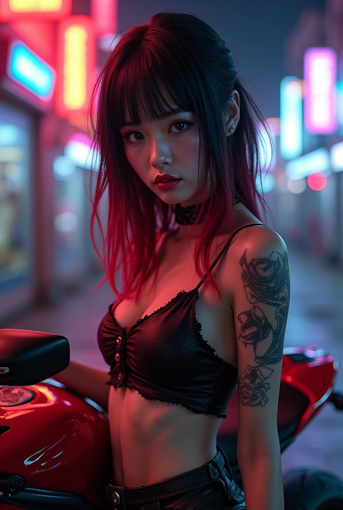 A stunning Japanese cyberpunk biker girl stands leaning against her powerful red and black Ducati Panigale V4 motorcycle, bathed in the vibrant glow of neon and electric lights. Her face is in sharp focus, with extremely detailed features, including long two-tone hair with bangs (black with red highlights) and striking red lips. Her tattered crop-top showcases an Evangelion anime-print design, accentuating her medium breasts and small waist. Tattoos adorn her skin, adding to the edgy atmosphere. God rays illuminate her stunning presence as she gazes directly at the viewer, exuding a sexy pose. The cyberpunk city street sprawls out behind her, bathed in hyper-realistic detail, with textures and shading creating an anatomically correct masterpiece worthy of retina-scanning quality, retina, accurate, masterpiece, super detail, high details, best quality, award winning, highres, HD, 4K, 8k, 16k, retina, accurate, masterpiece, anatomically correct, textured skin, super detail, high quality, award winning, highres, 8k, 16k