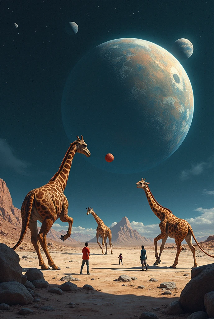 A team of dinosaurs and a team of giraffes playing basketball on a court on the moon, While two planets collide and people are amazed