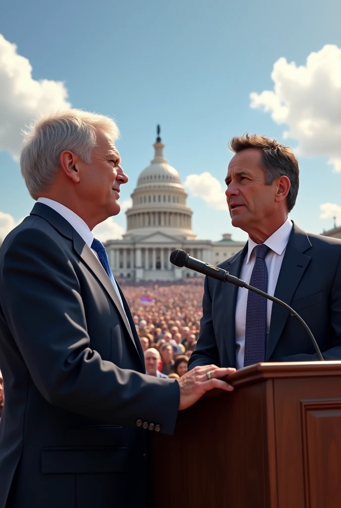 Two male politicians giving speech with people in background

