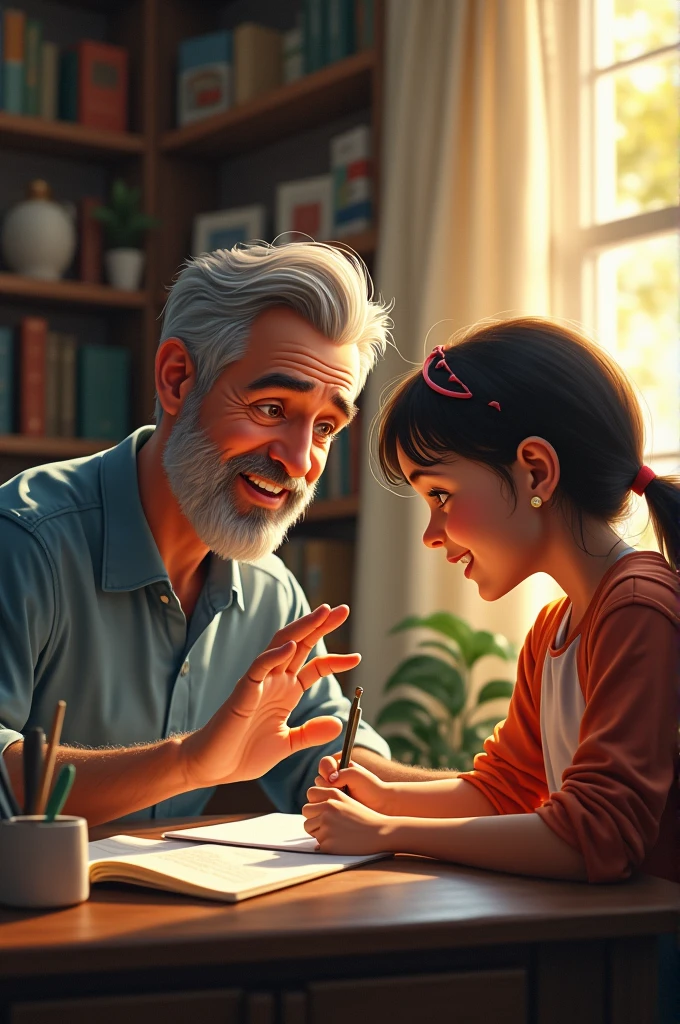 Father teaching journalism to his little daughter 