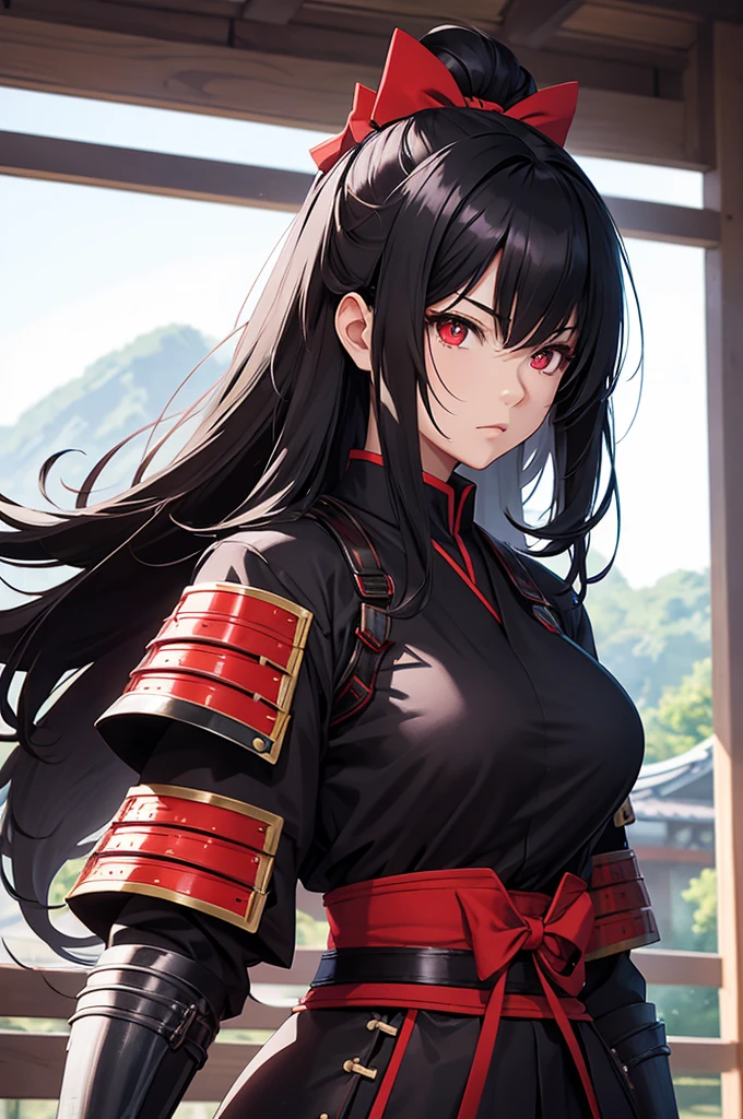 Woman samurai armor long black hair red eyes big breast bow village