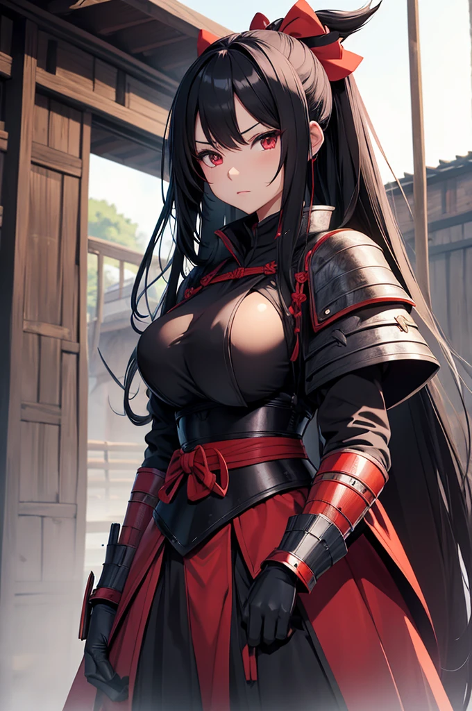 Woman samurai armor long black hair red eyes big breast bow village