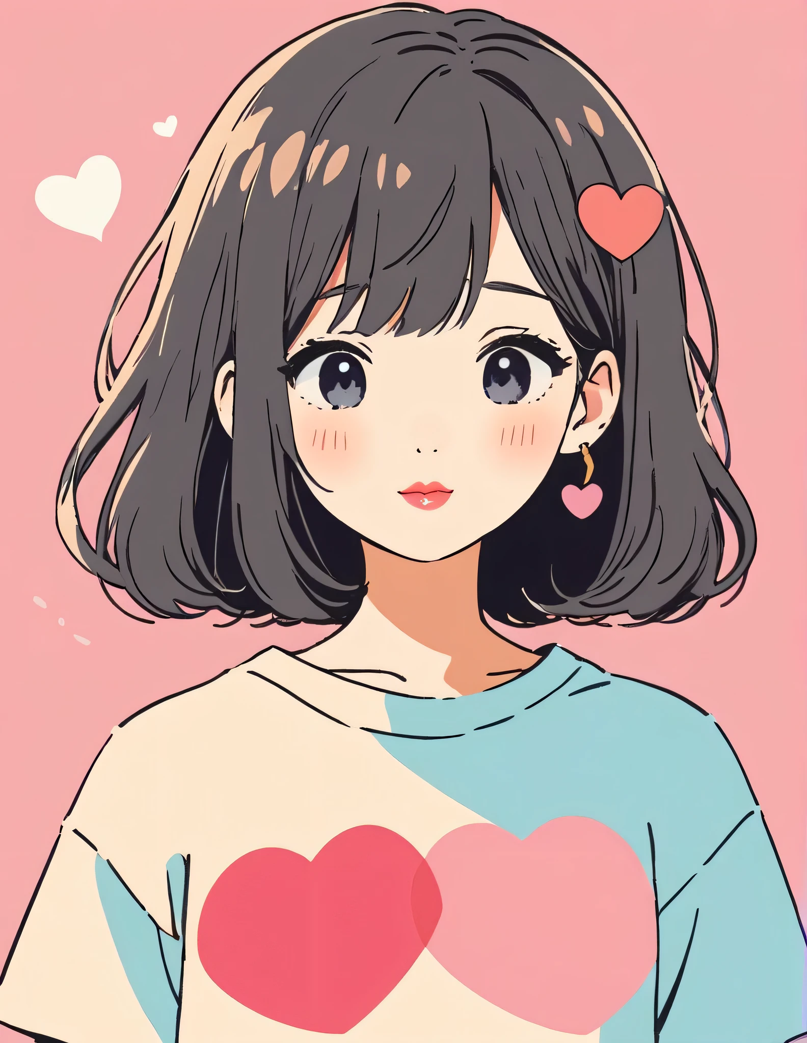 Hayao Miyazaki Pastel color style, Simple Line Initialism，Abstract art，Urban Background, (((The most beautiful girl of all time))), Sweet face. Lips in love, colorful hearts, stylish design, 夏のオシャレなTシャツ, 黒い瞳