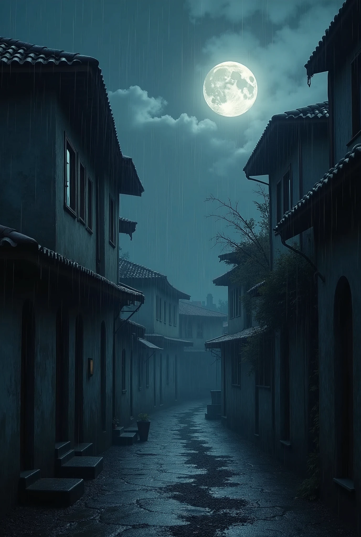 The moon is falling and the eaves are wet