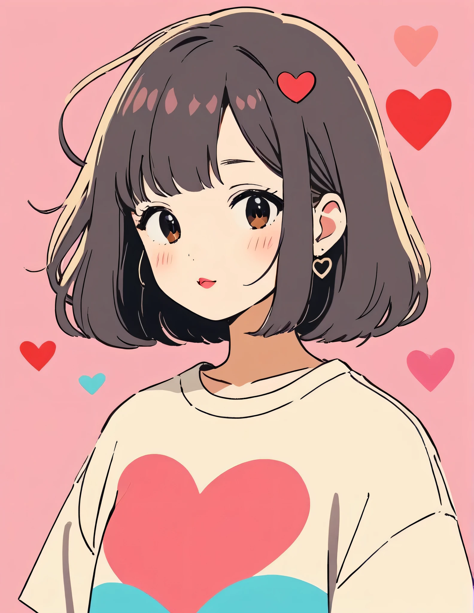Hayao Miyazaki Pastel color style, Simple Line Initialism,Abstract art,Urban Background, (((The most beautiful girl of all time))), Sweet face. Lips in love, colorful hearts, stylish design, 夏のオシャレなTシャツ, 黒い瞳