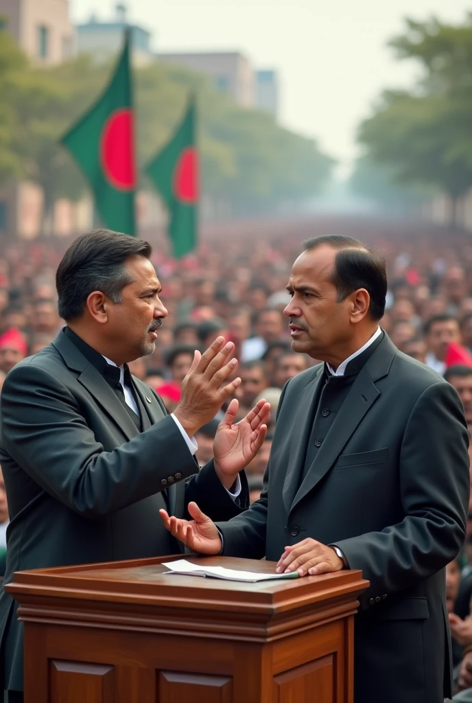 Two male politicians giving speech with people in background in Bangladeshi environment
