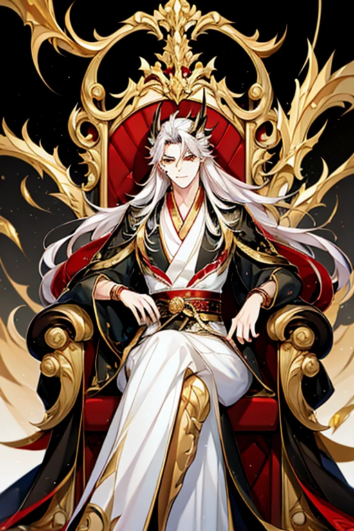 Perfect details, special details, top quality, handsome, dominant, bad boy, solo, looking straight, 1 male, long hair, white hair, yellow eyes, broad shoulders, black shirt, Hanfu with red dragon patterns and gold edges highlighting the aura of a leader, golden horns, sitting on a throne made of gold, symbolizing the ruler above all, best quality, 16k, masterpiece, detailed face drawing, with two arms and two legs, manhua character.