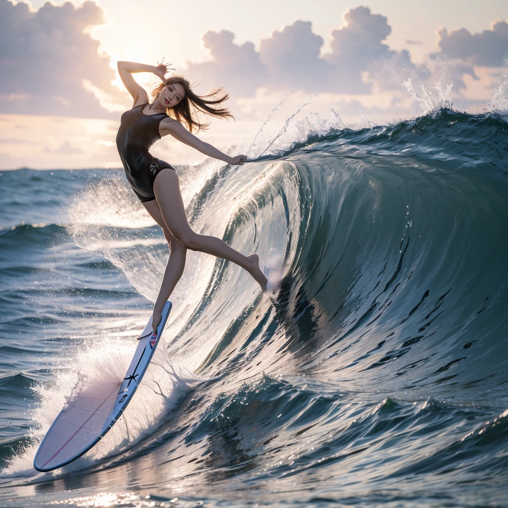 (Luminism:1.28), Side view, TopQuality 8K Masterpiece (ProfessionalPHOTO:1.37) (Extremely Detailed (A girl Standing on a Life Size straight surfboard)), Colorful morning Glory Rays, (There is Only one surfboard under her feet:1.32) Sparkling Waves Splashing water Particles, Glowing Wet Hair, hourglass body type, Dynamic motion blur, Perfect Hand, (Surfing Photos:1.4) (nothing hold)
