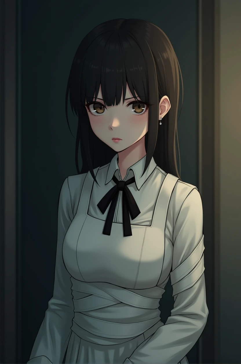 ((masterpiece, best quality)), (1 Girl), (Solitary), (Women&#39;s Focus), night (Chainsaw Man),(Very rich  details, Real images, Realistic white skin, Realistic body, Intricate details), Upper Body, Serious , Brown eyes, Looking at the audience, bandage over the body, Black Hair, Long-sleeved shirt, Apron Dress, Black tie, bandage, bandage, Small Breasts