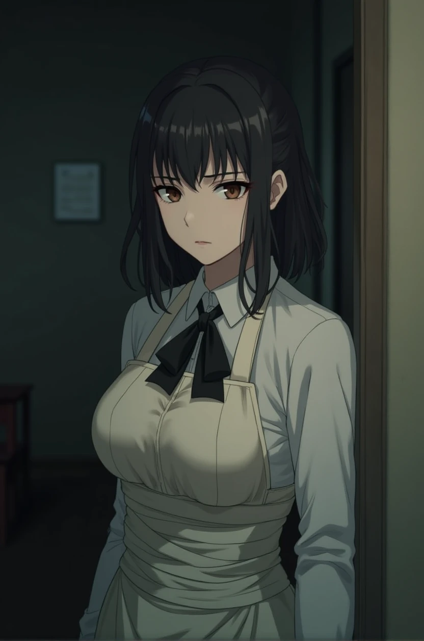 ((masterpiece, best quality)), (1 Girl), (Solitary), (Women's Focus), night (Chainsaw Man),(Very rich facial details, Real images, Realistic white skin, Realistic body, Intricate details), Upper Body, Serious , Brown eyes, Looking at the audience, bandage over the body, Black Hair, Long-sleeved shirt, Apron Dress, Black tie, bandage, bandage, Small Breasts