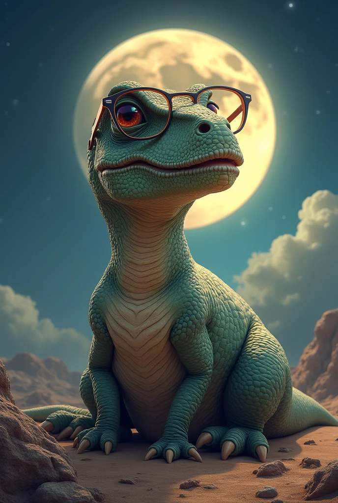 Dinosaur with glasses sunbathing on the moon