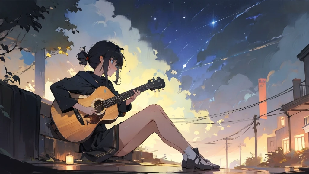 masterpiece,night,(dark alley),star、Night Sky、milky way、octone、
(1. Female), (solo), Knee hugging sitting,acousticguitar