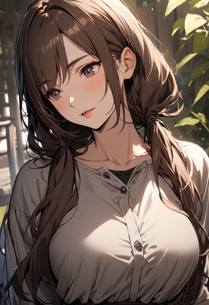 *Japanese prompts:**
Detailed image of a woman standing in a contemporary indoor setting。She is leaning slightly towards the viewer。This woman is full of confidence、It is attractively depicted、It emphasizes the voluptuous figure。She has shoulder-length, wavy, chestnut-colored hair tied in a loose ponytail.、There are some hairs hanging down around the face。Her eyes