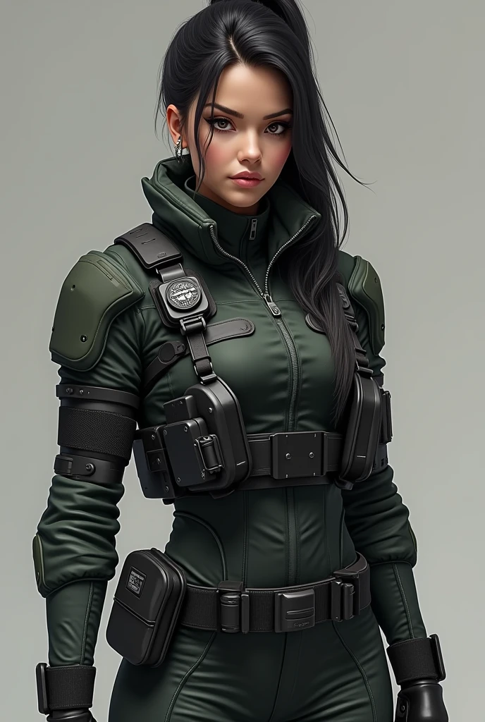 Name: Maya Kartika Age: 25 years Physical Description: Height: About 165 cm Body: Slim and athletic, showing the results of physical training and combat skills. Hair: Long, black, and often tied in a ponytail for practicality when on duty. Sometimes he lets his hair down for a more relaxed appearance.Eyes: Sharp dark brown eyes, indicating intelligence and alertness.Face: Has a serious and focused expression, with a firm jawline and slightly hollow cheeks, indicating determination and experience. Clothing:Combat Attire: Wear functional and practical combat clothing, such as a protective padded jacket and trousers with lots of pockets. This suit is designed to provide mobility and protection during combat. Accessories: Wear a belt with various gadgets and tools to aid in missions. May also wear tactical gloves and sturdy boots. Armor: Adds armor to the chest and shoulders to protect against direct attacks.