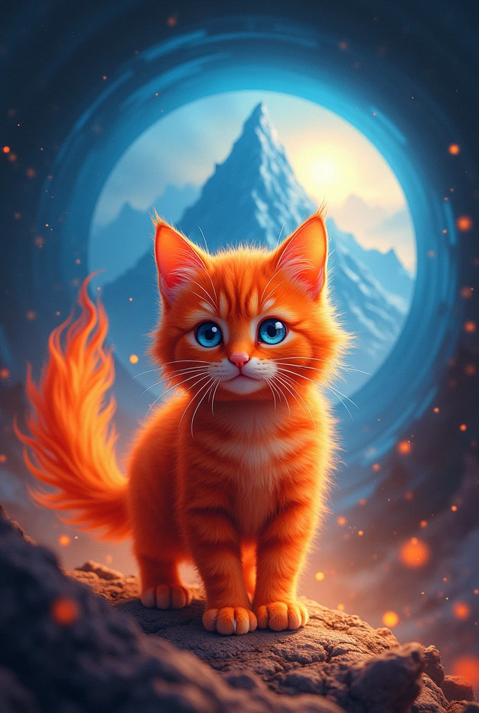 Passionate cat with blue eyes. Red beautiful cat. Fiery red cat tail. The flame gradually extinguishes. Blue eyeball background. Chinese style. The mountain is the shape of a heart. Heading towards the mountain.