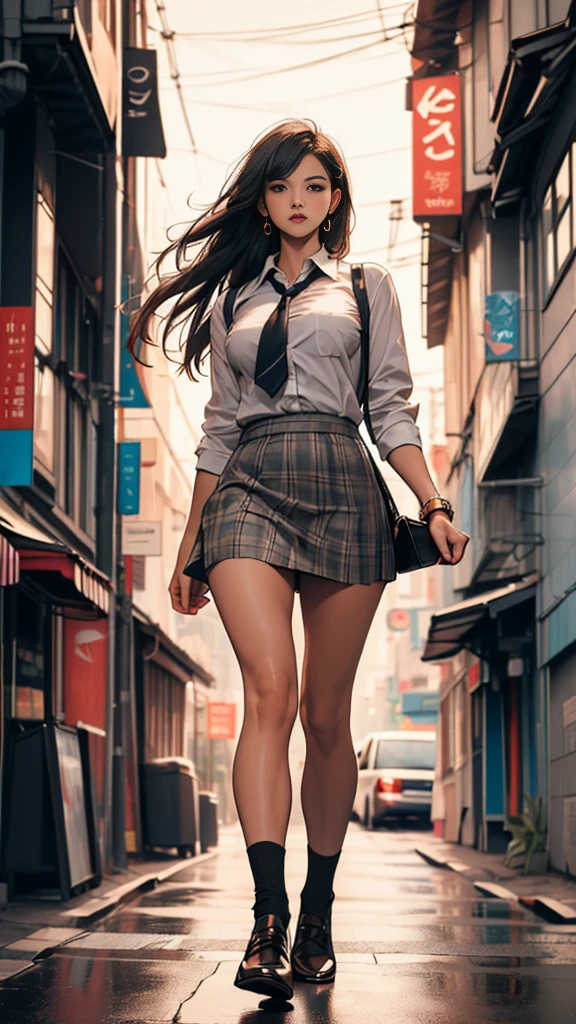 Simple color palettes, Woman 25 years old, elegant, clean, sharp designs, flowing silhouette, (Best Quality,artwork, 8k), (Dressed like a sexy schoolgirl), revealing outfit, short tight skirt, Checkered skirt design, Simple silhouettes, Minimalism, High quality materials, cool and urban print, 