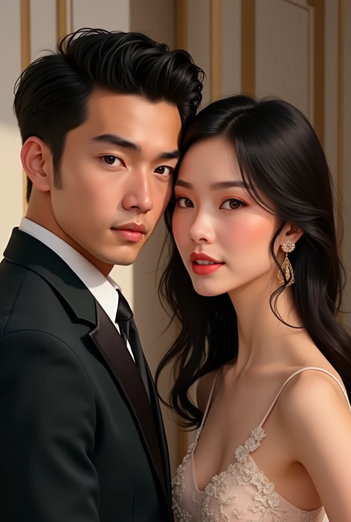 A handsome american man in his late twenties with blue almond eyes and sharp jawline, perfect pointy nose, black hair, broad shoulders, wear suit. And beside him stands a beautiful young chinese lady, who has brown eyes and black hair, she has a beautiful smile that is like a sunshine.
