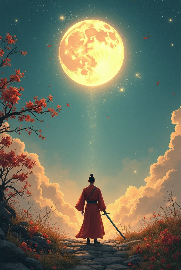 The sky rises straight up and destroys the vast,The endless Tai Chi,The moon falls on the eaves of clothes,Borrowing a sword to pick flowers and ter branches