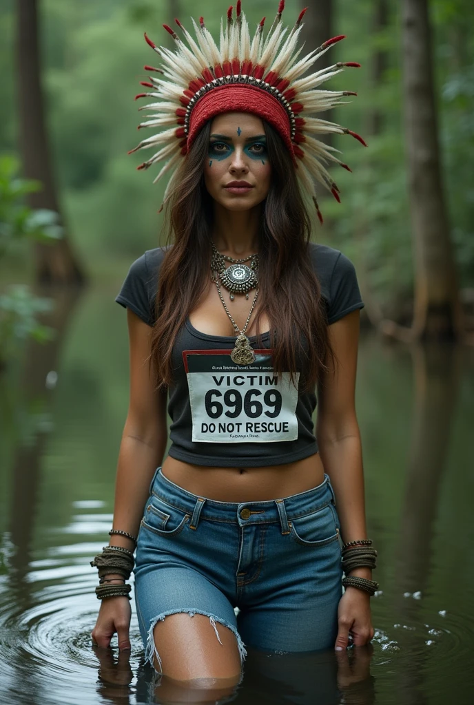 extremely detailed beautiful hot woman in jeans and t-shirt, sport small race bib "VICTIM 6969 DO NOT RESCUE", is victim of ritual, drowning in bog, in the middle of a bog, sexy photoshoot posing, headdress ,provocative traditional indigenous makeup. red, green, blue