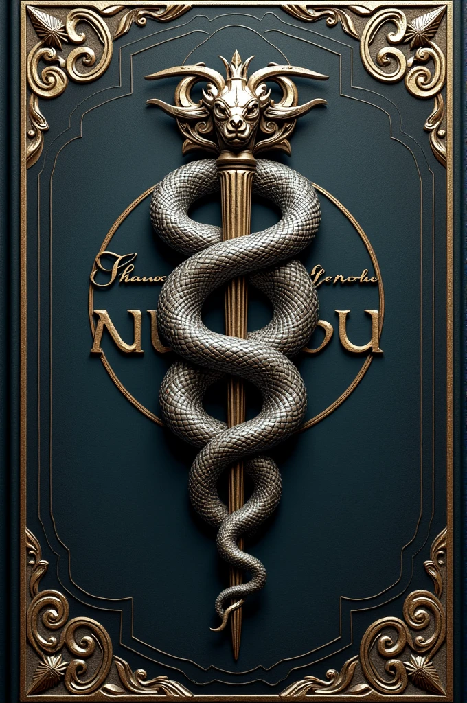 Symbole central : In the center of the cover, a stylized symbol of the serpent coiled around a scepter could be engraved or drawn in relief. The snake could be silver or gold, with fine details that capture the idea of an ancient and sacred artifact. The sentence ( The Shadows of the Serpent ) must be visible 