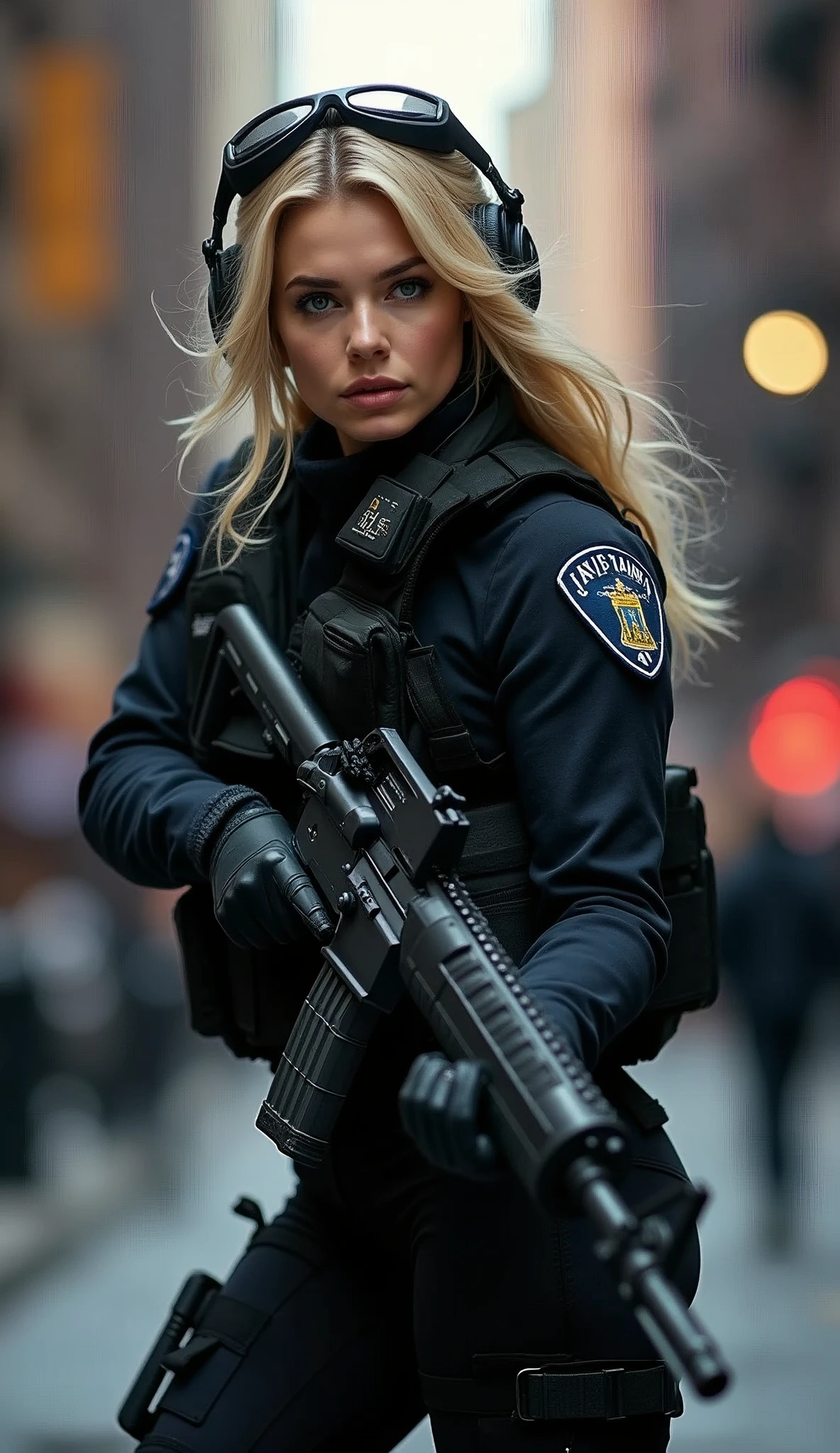 (masterpiece,Highest quality,Ultra-high resolution),One Woman,American Women,blonde,(Beautiful Eyes,Beautiful Hair,Beautiful Skin,Beautiful Face),Severe,whole body,(Shootout in the city,Combat in a narrow alley),(Dynamic Movement),((Small machine gun)),Police special forces uniform,Bulletproof vest,Combat Boots,Tactical Foster,Tactical Headset,Tactical Helmet,(The background is New York City),(((Background Blur)))