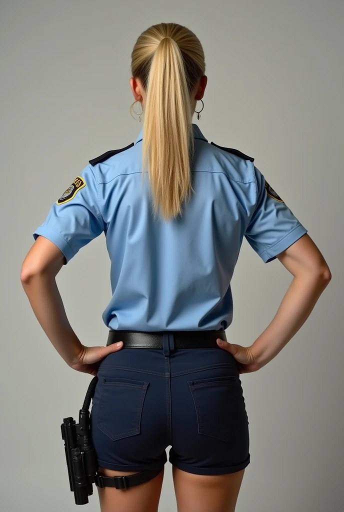 White woman with blonde hair wearing police shirt and shorts standing with her hands on her hips and gun on her hip front and rear view