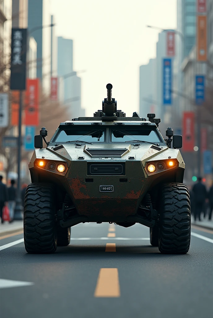 South Korean all-terrain tactical vehicle, transiting in the city of Seoul, equipped with a machine gun in the upper turret, wide angle, octane rendering, volumetric lighting, ultra detailed, intricate details, golden ratio, 3D image, resolution 64K. Photographic style: Canon EOS 90D Camera, lente 50mm, F2 aperture.5