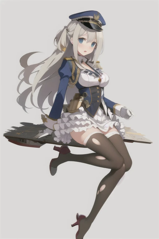 lexington \(warship girls r\),((masterpiece)),(((best quality))),((ultra-detailed)),((illustration)),((disheveled hair)),((frills)),(1 girl),(solo),
1girl, black legwear, blue eyes, braid, breasts, damaged, hair ribbon, hat, high heels, jacket, long hair, looking at viewer, medium breasts, open mouth, pantyhose, peaked cap, shoes, skirt, solo, torn clothes, torn dress, torn gloves, torn jacket, torn legwear, torn leotard, torn panties, torn pants, torn shirt, torn skirt, torn sleeves, uniform, very long hair, white headwear, flaxen hair, Brown stockings, stockings, Broken flight deck, torn flight deck, Flight deck at waist level