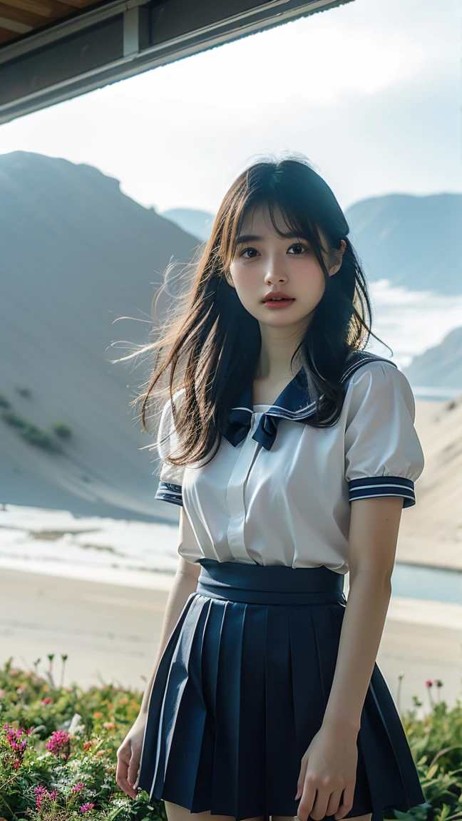 RAW quality, (masterpiece:1.2, Highest quality), (Realistic, photoRealistic:1.4), Beautiful illustrations, (Natural Side Lighting, Cinema Lighting), , 
(Observe the audience), 1 girl, Japanese, high school girl, Perfect Face, Symmetrical cute face, Glowing Skin, , 
(Mid-length hair:1.4, Twin Blade:1.2, Black Hair), Hair between the eyes:1.5, Hair above one eye:1.1, Big eyes, Emerald green eyes, Droopy eyes, Long eyelashes, (Large Breasts:0.6), 
Beautiful Hair, Beautiful Face, Fine and beautiful eyes, Beautiful clavicle, Beautiful body, Beautiful breasts, Beautiful thighs, Beautiful legs, 
((Symmetrical clothing, High-quality fabric, Cute short-sleeved sailor suit, Pleated skirt, Red bow tie)), Black socks, hair band,
(Beautiful views), Daytime, Flower Field, Modern, (Look forward), (Annoyed expression, Blushing, Embarrassed look), (((Pulling on skirt, Wind Rift))), 