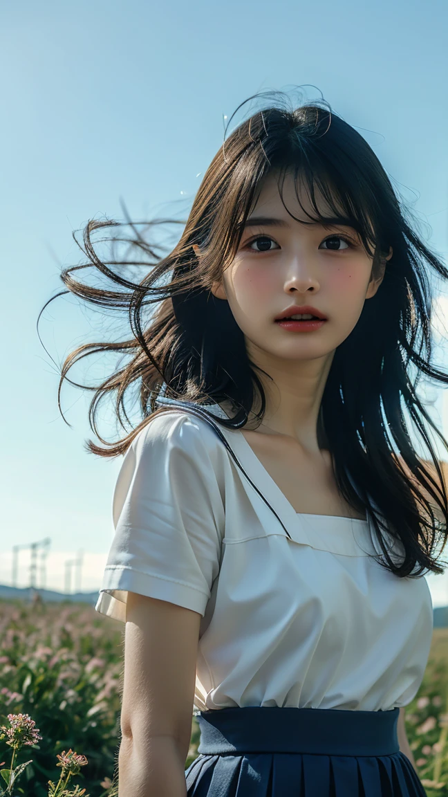 RAW quality, (masterpiece:1.2, Highest quality), (Realistic, photoRealistic:1.4), Beautiful illustrations, (Natural Side Lighting, Cinema Lighting), ,
(Observe the audience), 1 girl, Japanese, high school girl, Perfect Face, Symmetrical cute face, Glowing Skin, ,
(Mid-length hair:1.4, Twin Blade:1.2, Black Hair), Hair between the eyes:1.5, Hair above one eye:1.1, Big eyes, Emerald green eyes, Droopy eyes, Long eyelashes, (Large Breasts:0.6),
Beautiful Hair, Beautiful Face, Fine and beautiful eyes, Beautiful clavicle, Beautiful body, Beautiful breasts, Beautiful thighs, Beautiful legs,
((Symmetrical clothing, High-quality fabric, Cute short-sleeved sailor suit, Pleated skirt, Red bow tie)), Black socks, hair band,
(Beautiful views), Daytime, Flower Field, Modern, (Look forward), (Annoyed expression, Blushing, Embarrassed look), (((Pulling on skirt, Wind Rift))),