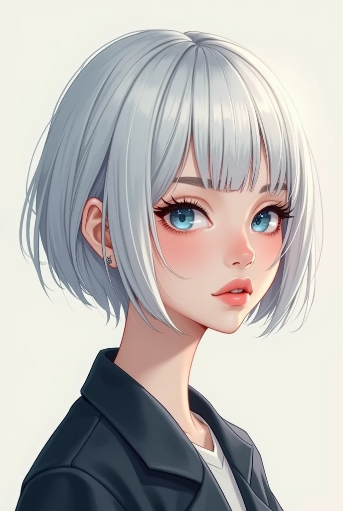Woman, 20s, silver hair, bob hair, cool, blue eyes, illustration, mini character, up to the top of the head