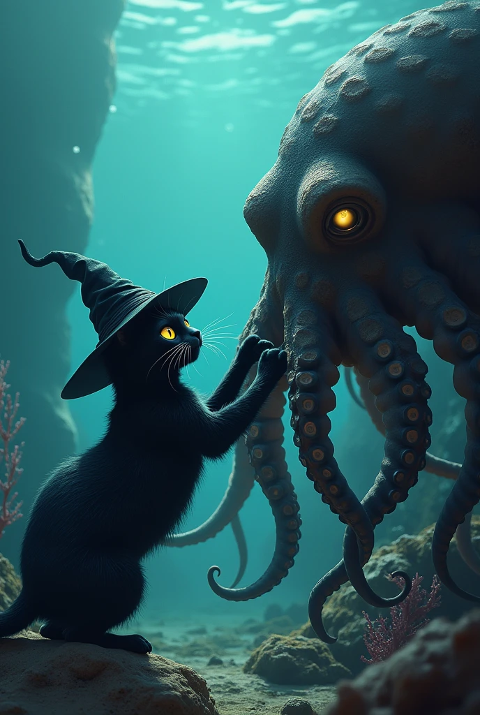 Black cat in witch hat plays with giant octopus at the bottom of the ocean