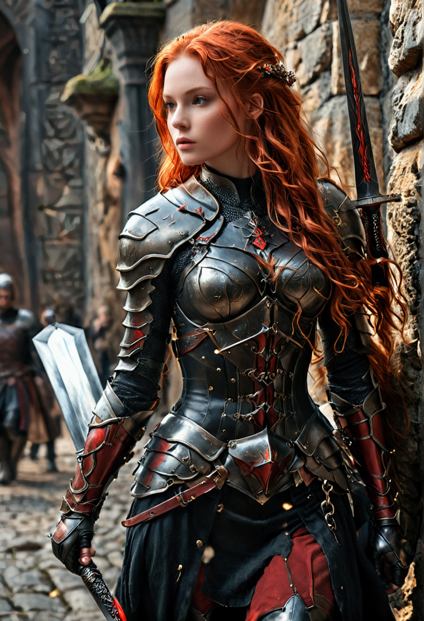 (full body shot:1) photorealistic image of a (walking:1) woman, ultrarealistic, photography, long red hair, woman, 24 years old, hourglass figure, perfect body, Flirty look, natural medium breasts, black metal armor, big red claymore sword on her back, walking out of the darkness into the light, full body shot, full body, full body picture, camera zoomed out, wide angle, wide angle shot, wide angle picture


