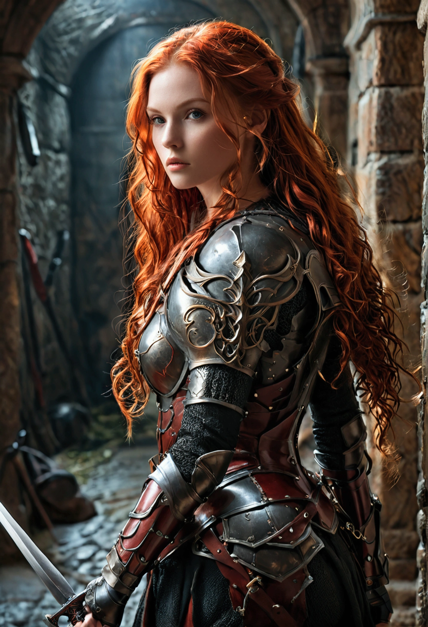 (full body shot:1) photorealistic image of a (walking:1) woman, ultrarealistic, photography, long red hair, woman, 24 years old, hourglass figure, perfect body, Flirty look, natural medium breasts, black metal armor, big red claymore sword on her back, walking out of the darkness into the light, full body shot, full body, full body picture, camera zoomed out, wide angle, wide angle shot, wide angle picture