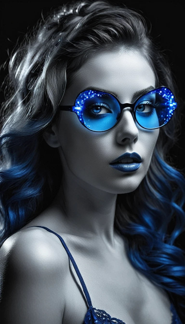 Photo noir et blanc et bleu profond, une femme heureuse et rayonnante de bonheur aux yeux bleus sublimes, (longs cheveux bleu_nuit très détaillés avec des reflets bleu électrique très détaillés), une grande paire de fines lunettes en titane , une peau impeccable, tir à moitié du corps, cheveux darkblue, intensité du regard captivant, style de photographie fantaisiste, capturé avec un appareil photo, Cinématique, Éclairage dramatique, Extrêmement clair, masterpiece surréaliste à couper le souffle.
