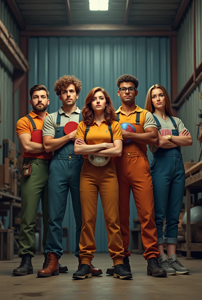 To create this image, follow these steps:

1. **Environment Configuration**: The industrial shed must have a background that resembles a work environment, with elements such as metal walls, visible tools and equipment, but not too detailed so as not to divert attention from the protagonists. 

2. **Friends&#39; Posture**: Position each friend in a pose that exudes confidence and seriousness.. They can be standing, or working, not side by side.

3. **Objects**:
   - **Table Tennis Racket**: A friend holds the racket firmly, ready for the game.
   - **Futsal Ball**: Another friend holds the ball, perhaps with a slight tilt to show that he is ready to kick or pass.
   - **Truco Deck**: A friend holds a deck of cards, perhaps showing a card trick or just holding it confidently.
   - **Again**: Another friend holds a bocce ball, with a steady hand and a ready stance to throw.
   - **Welding Tool**: The last friend holds a soldering tool, with a focused look and a posture that suggests he is about to get to work.

5. **Final Touches**: Make sure each friend is dressed in a way that reflects the industrial environment., with clothes that are suitable for a shed, like overalls or work shirts, To add a touch of authenticity to the image