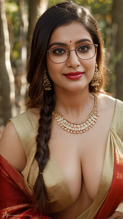 extreme close up photo of naked indian, NSFW,big cheeks, hourglass figure, curvy, standing in forest, red lips, nerd glasses,big , necklace, sultry, only saree, no blouse,no bra, struggling to cover her boobs with saree,look at viewer and subtle smile, (cinematic:1.3), intricate details, (ArtStation:1.2)nsfw