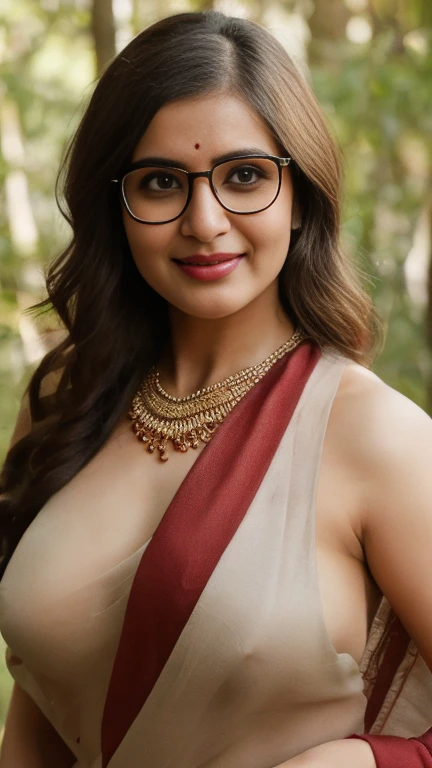 extreme close up photo of naked indian, NSFW,big cheeks, hourglass figure, curvy, standing in forest, red lips, nerd glasses,big , necklace, sultry, only saree, no blouse,no bra, struggling to cover her boobs with saree,look at viewer and subtle smile, (cinematic:1.3), intricate details, (ArtStation:1.2)nsfw