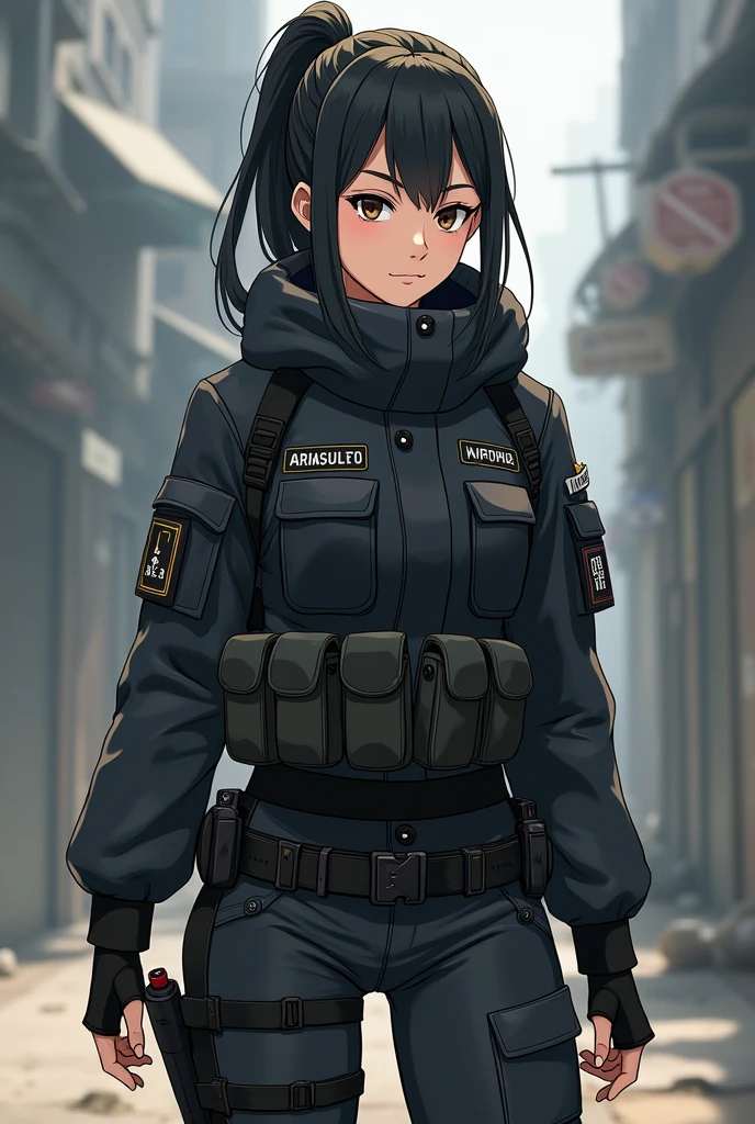 Name: Maya Kartika Age: 25 years Physical Description: Height: About 165 cm Body: Slim and athletic, showing the results of physical training and combat skills. Hair: Long, black, and often tied in a ponytail for practicality when on duty. Sometimes he lets his hair down for a more relaxed appearance.Eyes: Sharp dark brown eyes, indicating intelligence and alertness.Face: Has a serious and focused expression, with a firm jawline and slightly hollow cheeks, indicating determination and experience. Clothing:Combat Attire: Wear functional and practical combat clothing, such as a protective padded jacket and trousers with lots of pockets. This suit is designed to provide mobility and protection during combat. Accessories: Wear a belt with various gadgets and tools to aid in missions. May also wear tactical gloves and sturdy boots. Armor: Adds armor to the chest and shoulders to protect against direct attacks.with anime art style