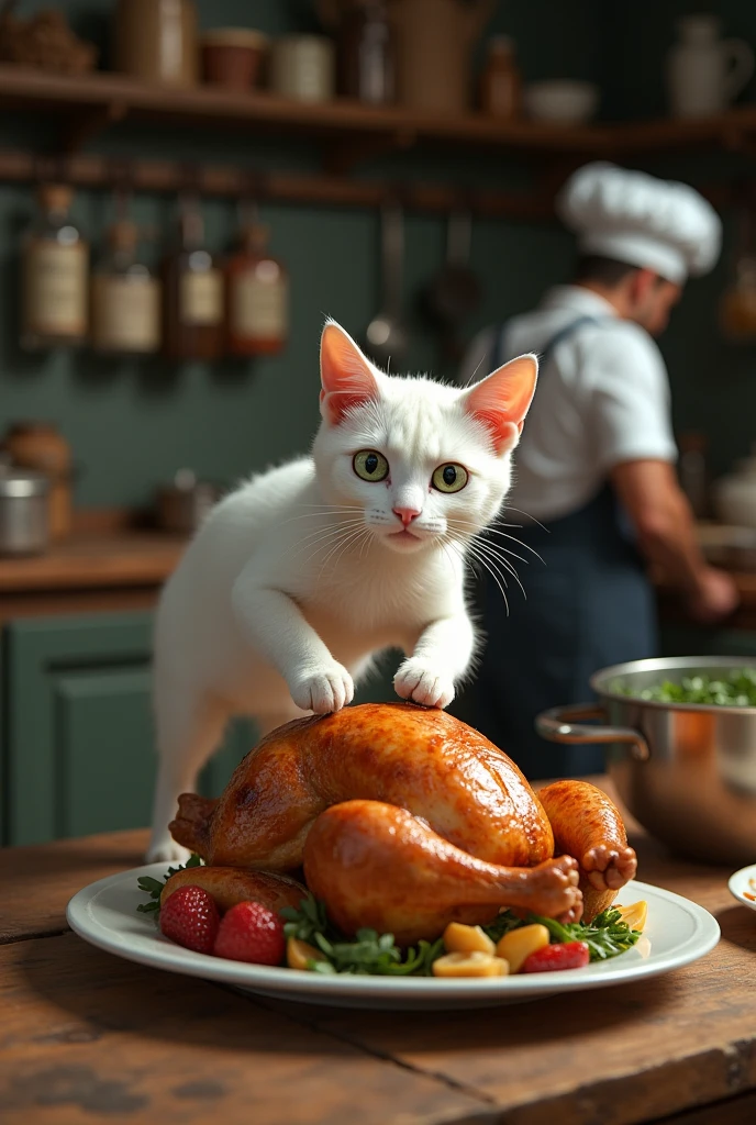 White cat stealing roast chicken from a worker 